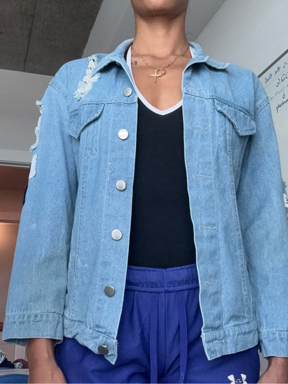Light Blue Distressed Denim Jacket - Women's Casual Coat